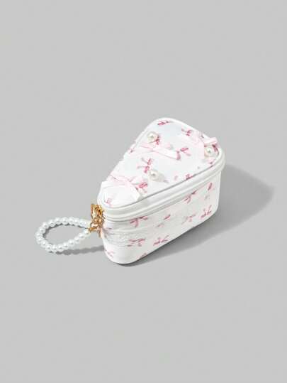 Kawaii Bolsa de maquillaje con diseño de pastel con lazo de perla de moda, linda mini bolsa de maquillaje portátil para niñas