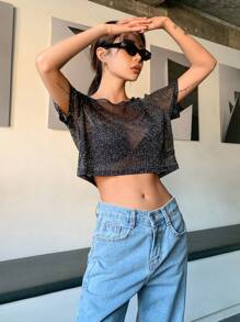 DAZY See Through Crop Mesh Top Without Bra Going Out Tops Festival Sheer Y2k,Beach Outfits