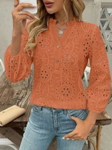 SHEIN LUNE Blusa de lino casual con cuello en V, volantes, botones, bordado y manga larga hueca para mujer - Naranja - Ver 4