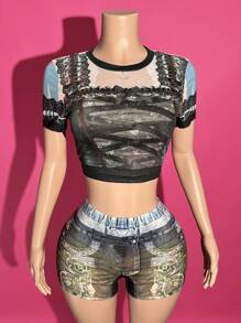 Slaydiva 2025 Summer New Style College Style Back To School Season Birthday Party Student Wear Daily Street Basic Versatile Leisure Vacation Cruise Travel Beach Seaside Sunbathing Popular Online Round Neck Short Sleeve Tight Cut Ladies T-Shirt And Slim Shorts Positioning Printing Summer Suit Ladies Two-Piece Suit