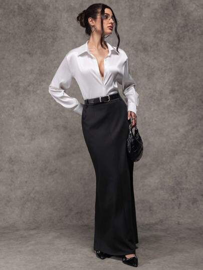 Avenya Fashionable Commuting Decor Button Maxi A-Line Skirt Fall Cloth For Women