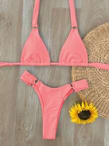 Swim SXY Bộ 2 món/Bộ thời trang đi biển mùa hè cho nữ, Bộ đồ bơi bikini màu trơn có dây đeo có thể điều chỉnh - Màu Hồng  San hô - Xem 2