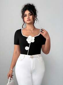 Elenzga Women's Summer Sweetheart Neckline Contrast Color Block White Trim Short Sleeve T-Shirt - Black - View 7