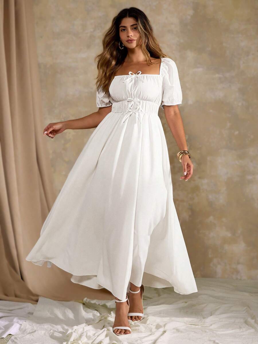 Flirla Plus Size French Romantic Square Neck Bowknot Lantern Sleeve Long Dress, Summer White Maxi Dress White Boho Dress White Square Neck Dress Puff Sleeve White Dress Lace Up White Dress