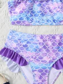 SHEIN Leap Crew 青少年女孩度假休闲沙滩装鱼鳞印花泳衣套装 - 淡紫色 - 查看 3