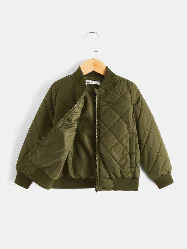 SHEIN Boys' Casual Thickened Quilted Textured Retro Diamond Baseball Jacket Boys Quilted Bomber Jacket Boys Olive Green Jacket
