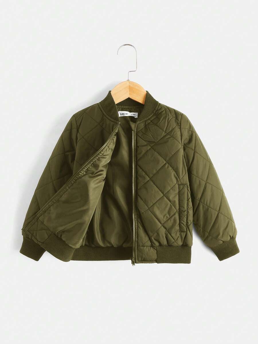 SHEIN 男童休闲加厚绗缝纹理复古菱形棒球夹克 - 軍綠色 - 查看 1