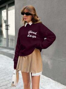 EURMUSE Women's Daily Wear "Good Days" Letter Pattern Knitted Crew Neck Sweater, Autumn - Burgundy - View 4