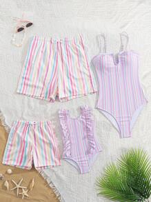 Summer Beach Resort Rainbow Striped Print U-Neck One-Piece Swimsuit For Women - Pink - View 1