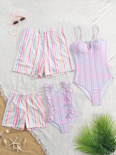 Summer Beach Resort Rainbow Striped Print U-Neck One-Piece Swimsuit For Women