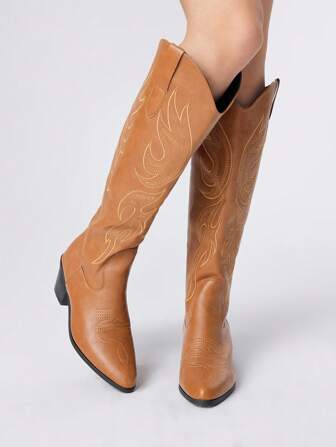 Fairycore Brown Embroidered Western Knee-High Boots, Slip-On Design, Fashion Outdoor Leather