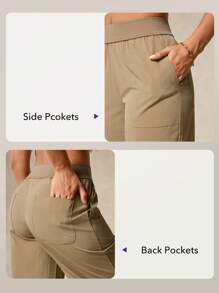 OutZeal 女士运动裤 日常休闲透气弹力直筒针织腰部七分裤设计带口袋 - 卡其色 - 查看 4