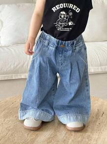 SHEIN Pantalones holgados de mezclilla azul lindos para bebé niña