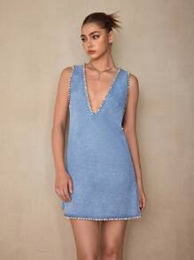 Selenza Women's Fashion Crystal Embellished Sleeveless Denim Dress, Summer - Blue - View 6