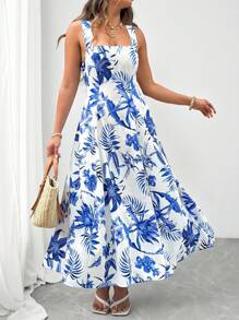 Flirla 大码女式法式休闲度假夏季热带植物印花无袖中长连衣裙 - 藍白色 - 查看 1