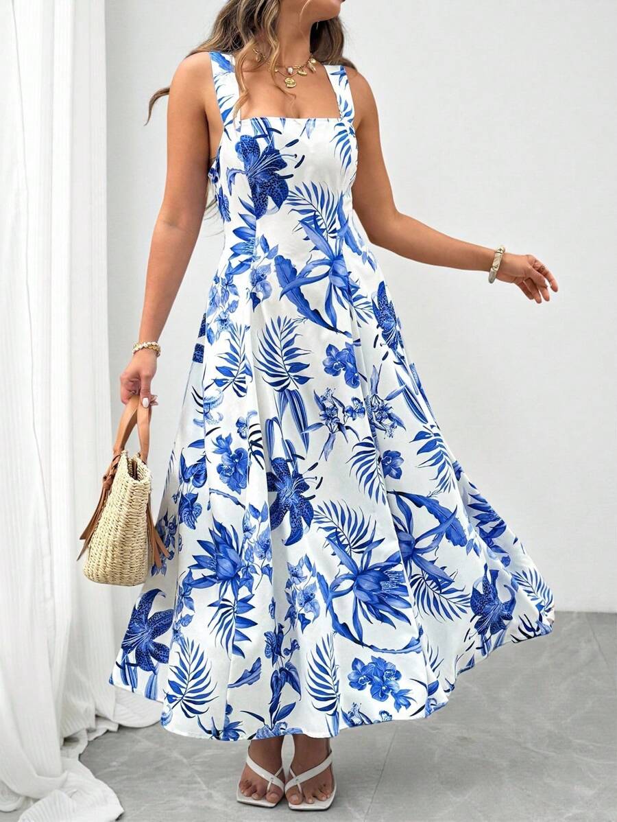 Flirla 大码女式法式休闲度假夏季热带植物印花无袖中长连衣裙 - 藍白色 - 查看 1