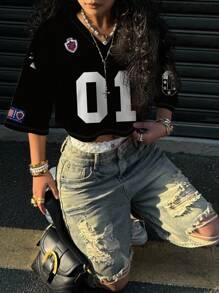 SHEIN EZwear Women's Casual V-Neck Loose Short 5th Sleeve Mesh T-Shirt, Suitable For Summer And Sports, Digital 01 Print Back To School Chic