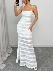Rafferiza 女士优雅白色蕾丝边细肩带露背系带鱼尾下摆纹理蕾丝长裙 - 白色 - 查看 4