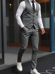 SHEIN Conjunto de chaleco y pantalón tipo traje de caballero sencillo para adolescentes, de unicolor en estilo escolar casual, cómodo y de moda, versátil para ir y venir, la escuela, el día a día, las vacaciones, adecuado para el Día de San Valentín, festivales, fiestas, primavera/verano - Gris - Ver 1