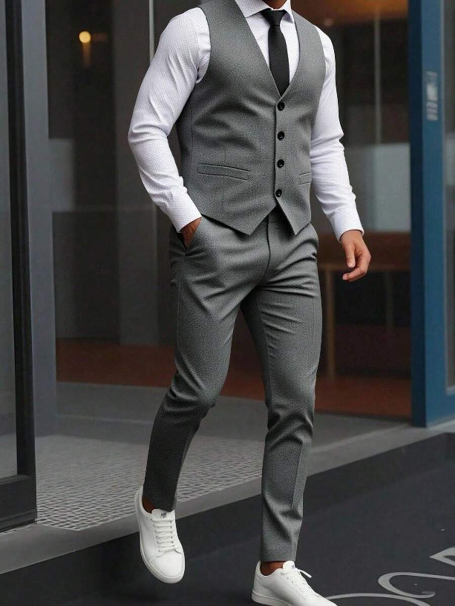 SHEIN Conjunto de chaleco y pantalón tipo traje de caballero sencillo para adolescentes, de unicolor en estilo escolar casual, cómodo y de moda, versátil para ir y venir, la escuela, el día a día, las vacaciones, adecuado para el Día de San Valentín, festivales, fiestas, primavera/verano - Gris - Ver 1