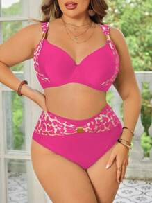 SHEIN Swim Curve 大尺碼女款豹紋鋼圈分體式坦克比基尼泳衣，適合夏季海灘度假 - 彩色 - 查看 1