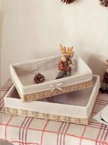 Desktop Storage Box For Cosmetics, Keys, Snacks, Table Clutter, Living Room, Entrance, Household Rattan Storage Basket, Woven Frame - apricot bow - View 9