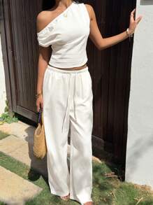 SHEIN EZwear 女士日常两件套服装 - 杏色 - 查看 5