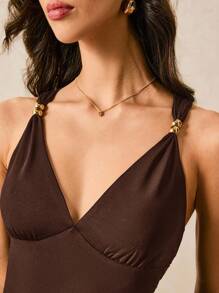 Poéselle 女式简约纯色细肩带露背连衣裙 - 棕色 - 查看 3