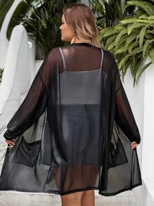 SHEIN CURVE+ Ropa de talla grande con curvas/Ropa escolar/Ropa de vuelta al colegio/Ropa de talla grande para mujer Cárdigan negro ligeramente translúcido de longitud media Chaqueta de talla grande