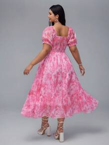 Flirla Plus Size Sweet Palace Style Puff Sleeve Elegant A-Line Dress - Multicolor - View 3