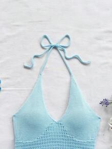 SHEIN WYWH 2件套：高领荷叶边镂空纹理针织上衣和秋冬迷你裙 - 淺藍色 - 查看 7
