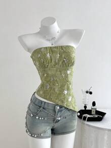 Elamini 透明不对称设计亮片纹理精致优雅短款上衣，夏季 - 綠色 - 查看 3