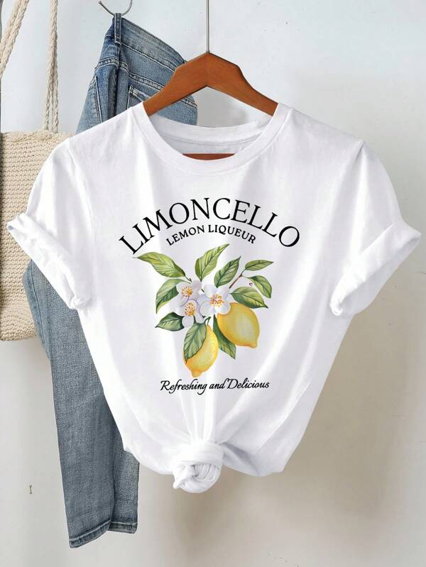 INAWLY Women's Summer Letter Fruit Printed Round Neck Short Sleeve Casual T-Shirt LIMONCELLO LEMON LIQUEUR Refreshing And Delicious Graphic Tees Women Tops