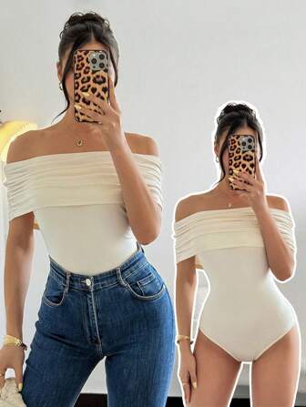 Rafferiza Women's Summer Elegant Off Shoulder Drawstring Waist Straight Hem Bodysuit, Slimming Fitted Strapless Bodysuit Off The Shoulder Bodysuit White Bodysuit