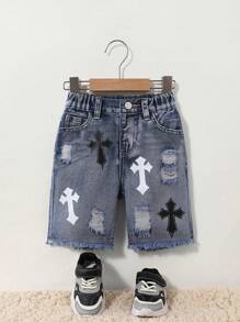 DENIMLY YOUNG BOY 时尚破洞喷漆小马个性印花百搭通勤休闲街头复古浅色水洗毛边破洞修身牛仔短裤，松紧腰带，纽扣开合 - 淺色水洗藍 - 查看 9