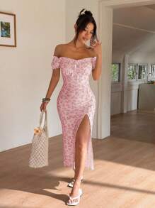 Sunnyshic Women Off Shoulder Split Ditsy Floral Dress - Baby Pink - View 3