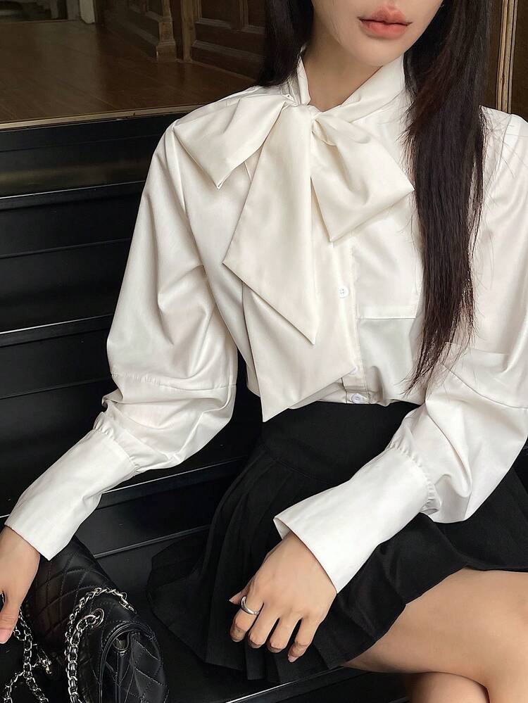 Women's Elegant Solid Color Tie Neck Blouse