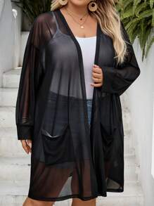 SHEIN CURVE+ Ropa de talla grande con curvas/Ropa escolar/Ropa de vuelta al colegio/Ropa de talla grande para mujer Cárdigan negro ligeramente translúcido de longitud media Chaqueta de talla grande