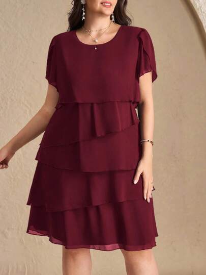Chikora Plus Size Women Elegant Minimalist Solid Color Short Dress,Teacher Outfits For Women,Wedding Guest Dress Tiered Dress Layered Dress