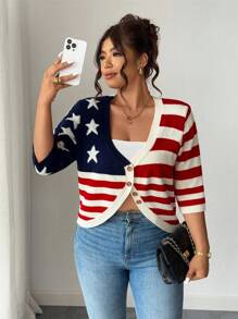 Elenzga Plus Size Fashionable Versatile Short Casual Striped Cardigan American Flag Top Patriotic Top 4th Of July Top Red White And Blue Top American Flag Cardigan Winter Fall Autumn - Multicolor - View 7