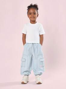 SUMWON 儿童工装牛仔慢跑裤，带侧袋，弹性踝裤，休闲日常玩耍裤 - 淺藍色 - 查看 3