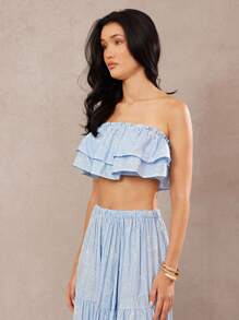 L'Amorae Elegant Vacation Contrast Embroidery Stitch Tier Ruffle Smocked Strapless Tube Top