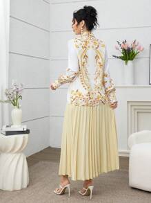 Modelyn 女士优雅两件套植物印花长袖衬衫和百褶中长裙，春夏两件套秋季女装 - 黃色 - 查看 4