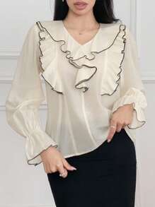 DAZY Elegant Contrast Ruffle V-Neck Women Shirt