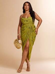 SHEIN BAE Plus Size Women Olive Green Summer Elegant Dress, Cold Shoulder Beaded Embroidered Ruched Slit Mid-Calf Wedding Guest Dress, Vintage Y2k Clothes - Green - View 7