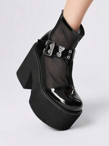 ROMWE Grunge Punk Botas de tobillo con plataforma y tacón alto de mujer, con diseño calado, de moda - Negro - Ver 3