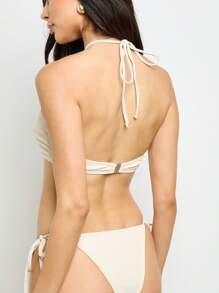 AiiRZ Beaded Halter Neck Bandeau Bikini Set Summer Beach Swimsuit Resort Wear Poolside Vacation Bathing Suit - Beige - View 2