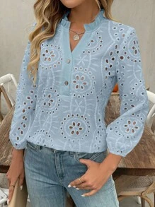 SHEIN LUNE Women V-Neck Ruffle Trim Button Embroidery Hollow Out Long Sleeve Casual Linen Blouse - Baby Blue - View 6
