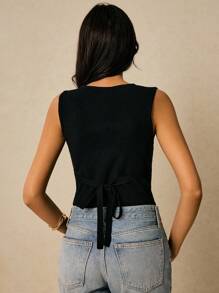 Poéselle 女士休闲纯色前扣针织背心，夏季，黑色纽扣上衣，女士黑色上衣，短款上衣，纽扣背心，无袖上衣，女士外出上衣，秋冬季上学上衣