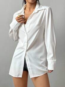 Chiquease Women's Long Embroidered Mesh Patchwork Blouse, Solid Color, Fitted, Long Sleeve, Front Open, Shirt Collar, Backless, Back Tie, Back Bow, Criss-Cross Back, Sheer Back, Embroidered Patchwork, Waist Cinched, Elegant, Casual, Work, Sexy, Luxurious, Romantic, Chic, Minimalist, Spring/Summer/Autumn